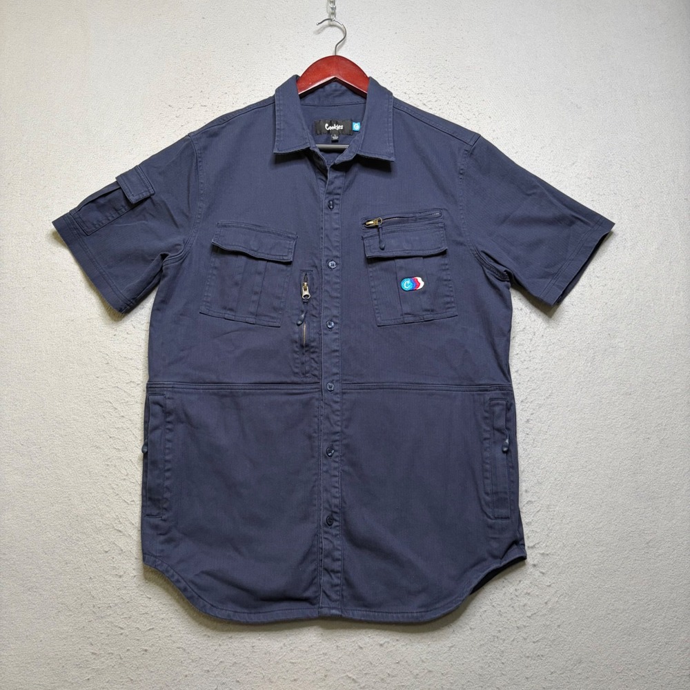 Cookies Utility Shirt Mens L Blue Short Sleeve Multi-Pocket Herringbone Y2K